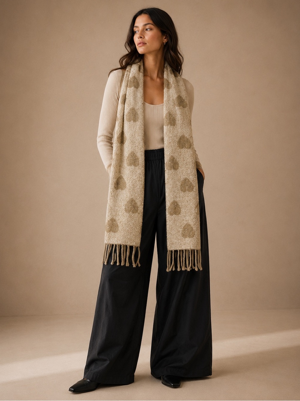 LOOK Beige Heart Print Fringe Scarf Soft Cozy Neutral Winter Wrap One Size